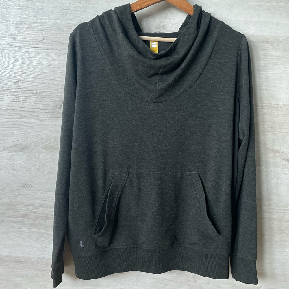 Lole Gray Long Sleeve Striped Cowl Neck Kangaroo Pouch Hoodie